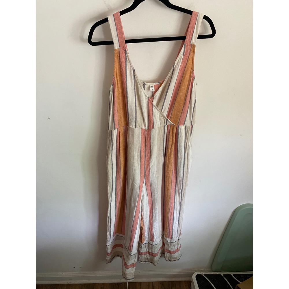 BP. Womens Linen Blend Striped Wide Leg Jumpsuit Coral Orange Grey‎ Small